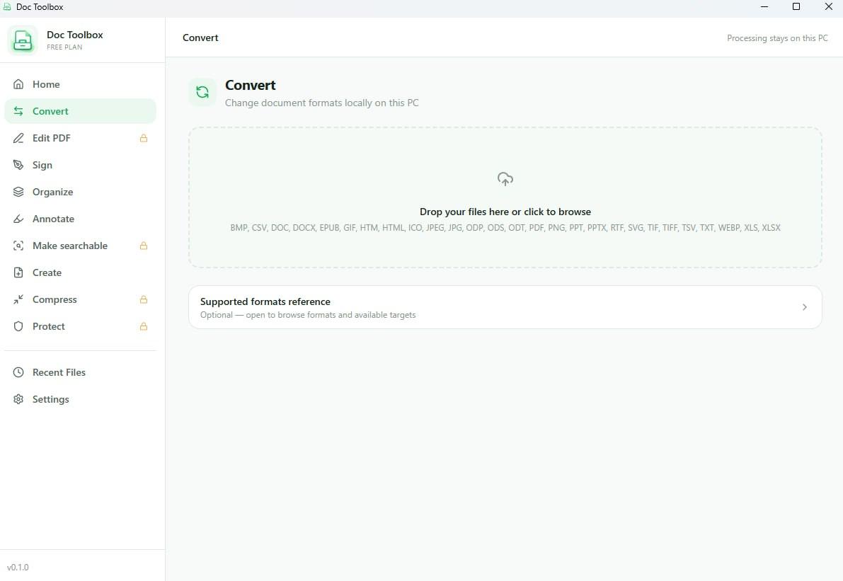 The Convert screen with a drop zone listing the 27 supported file formats