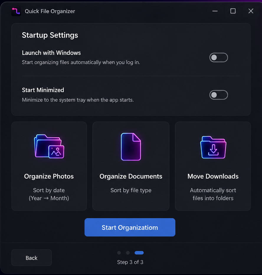 The setup wizard on step three of three, offering Organize Photos, Organize Documents and Move Downloads presets alongside startup options