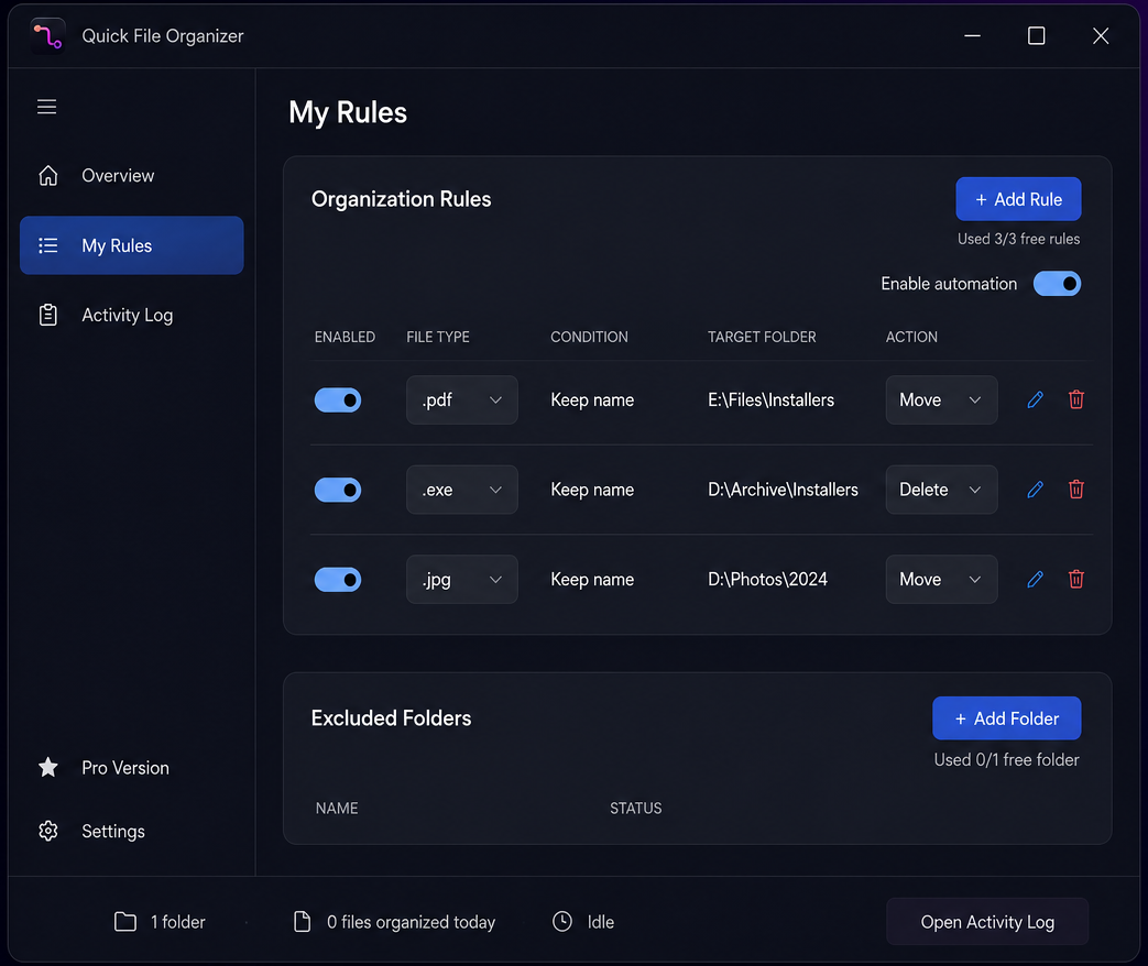 The My Rules screen listing three organization rules for .pdf, .exe and .jpg files, each with a condition, target folder and a Move or Delete action