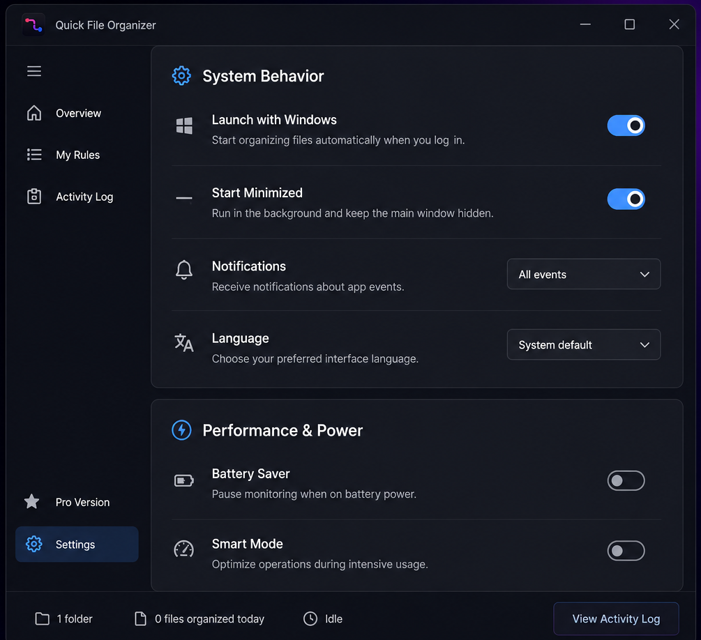 The Settings screen showing System Behavior options for launching with Windows, starting minimized, notifications and language, plus Performance and Power options including Battery Saver