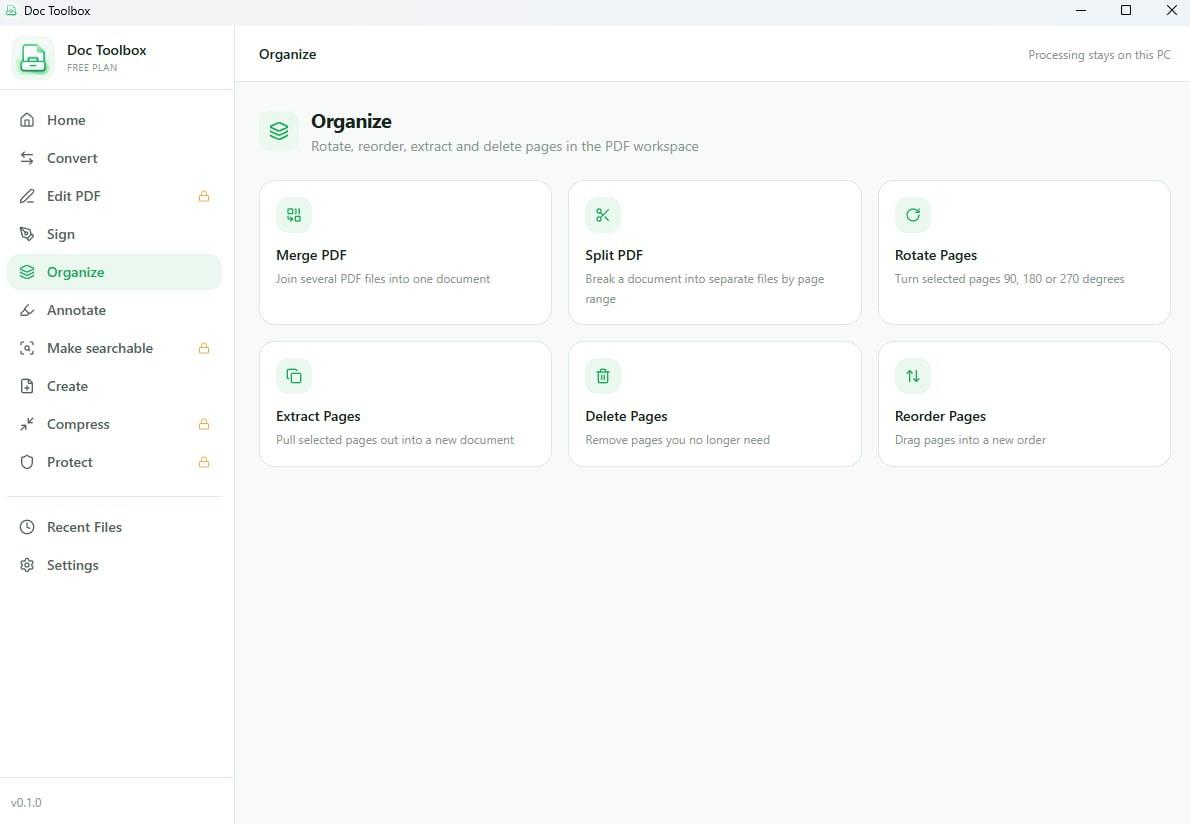 The Organize screen with tools to merge, split, rotate, extract, delete and reorder PDF pages