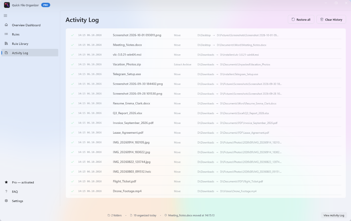 The Activity Log listing every file moved or extracted, with its source and destination, and Restore all and Clear History buttons