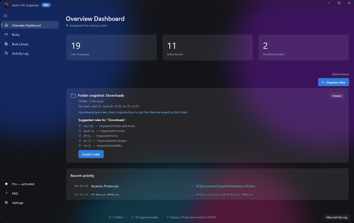 The Overview Dashboard in dark mode with a frosted-glass background