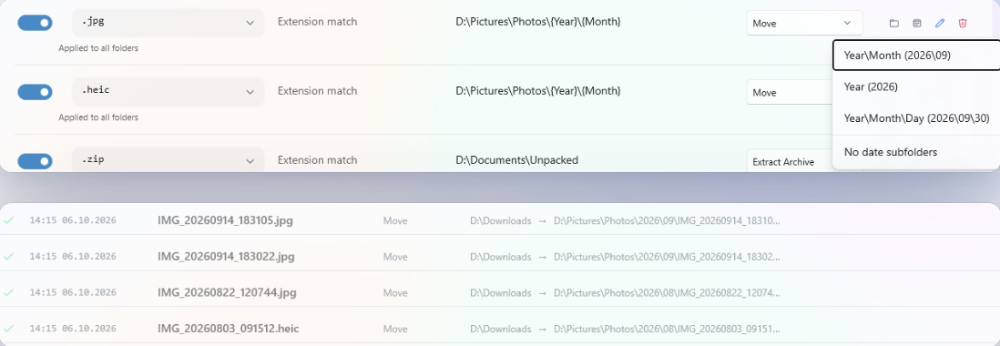 Rules for .jpg and .heic files sending photos to Pictures\Photos\{Year}\{Month}, a menu offering Year\Month, Year or Year\Month\Day subfolders, and the log of photos landing in 2026\09 and 2026\08