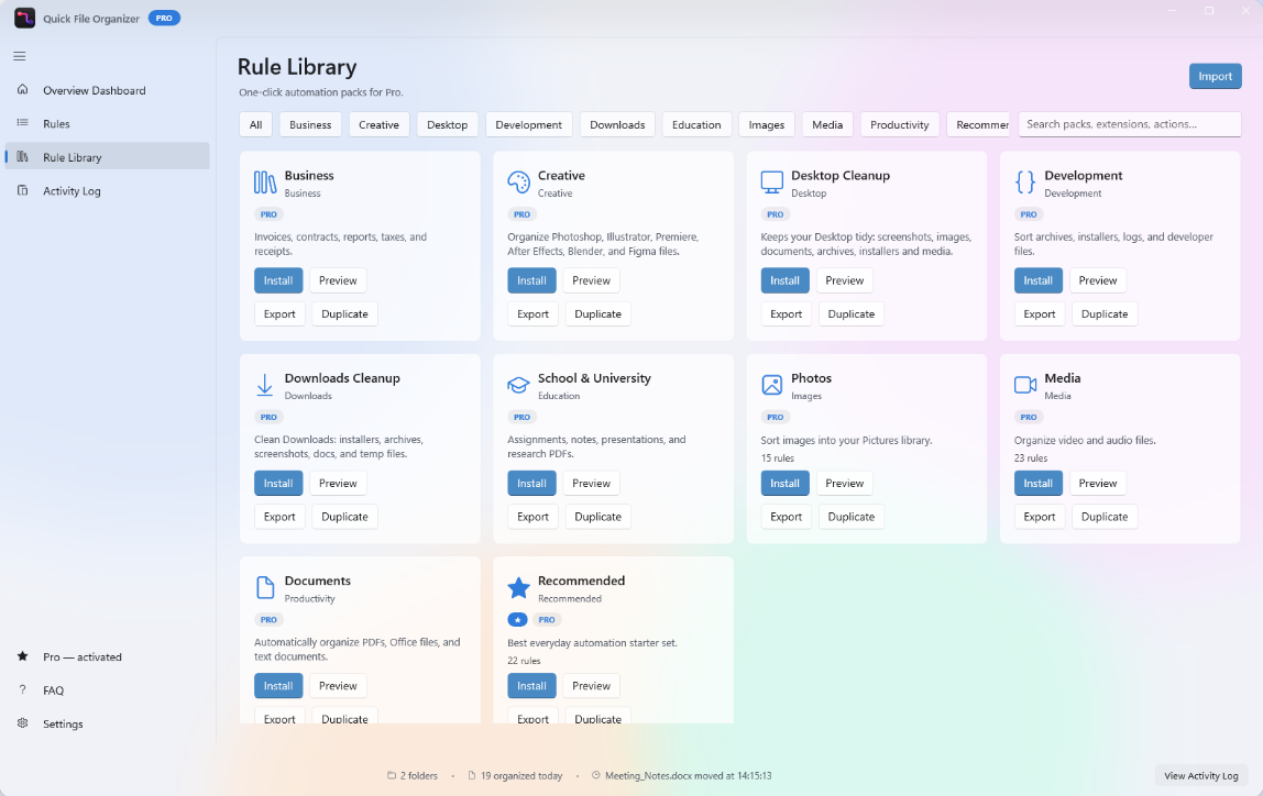 The Rule Library with ready-made packs: Business, Creative, Desktop Cleanup, Development, Downloads Cleanup, School & University, Photos, Media, Documents and Recommended