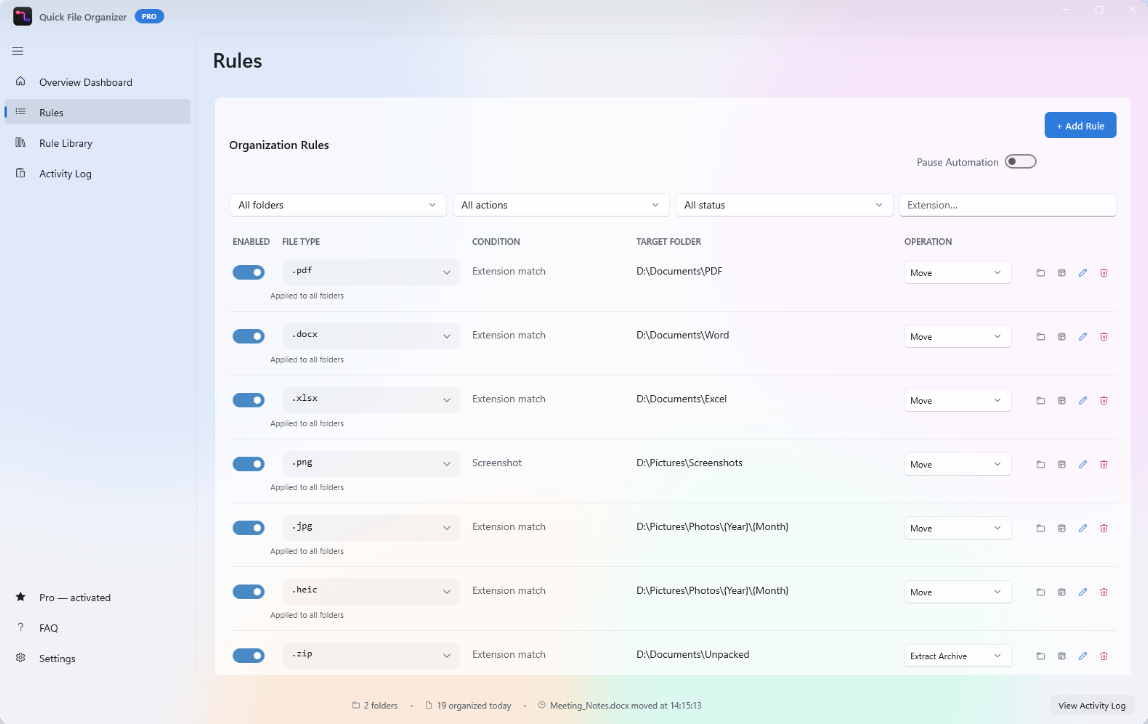 The Rules screen listing rules for .pdf, .docx, .xlsx, .png, .jpg, .heic and .zip files, each with a condition, target folder and an operation such as Move or Extract Archive