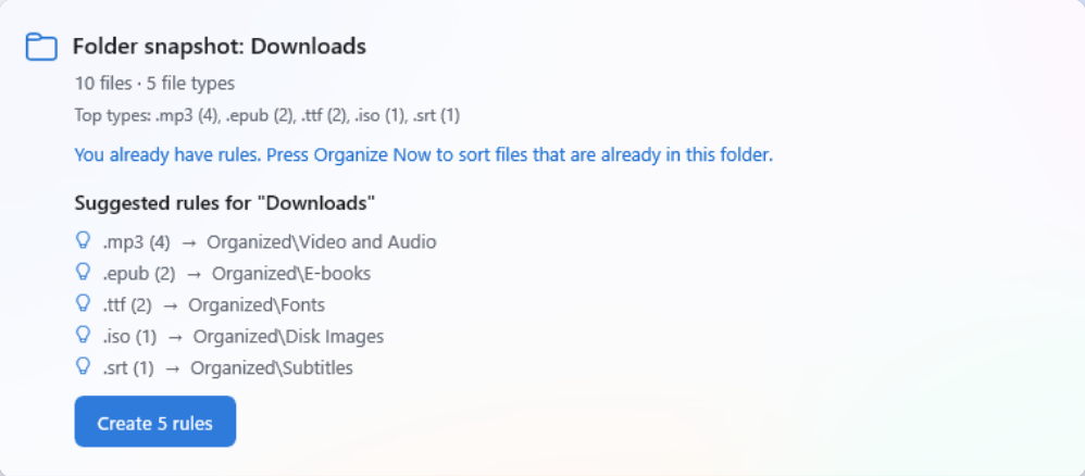 A folder snapshot of Downloads listing its top file types and suggested rules sending .mp3, .epub, .ttf, .iso and .srt files to matching folders, with a Create 5 rules button